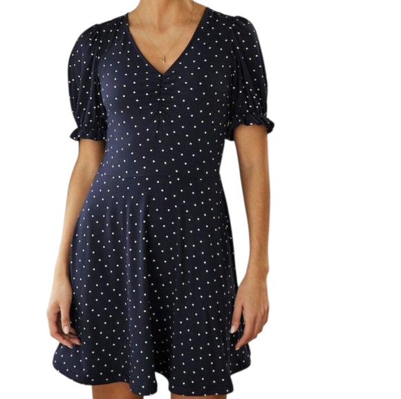 Boden Stretch Jersey Polka Dot V-Neck Dress Women's US 12 Navy Ivory - Picture 1 of 10